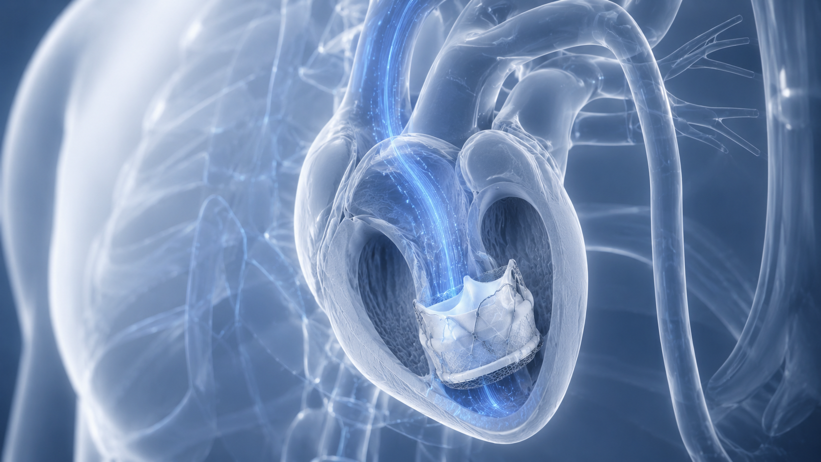 Animación 3D del mecanismo de acción de una válvula cardíaca implantada en el corazón